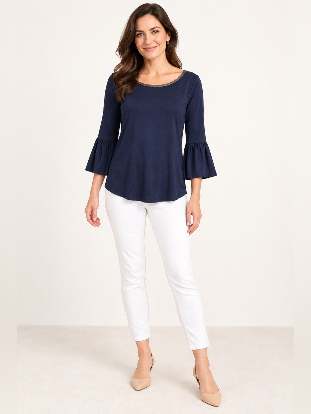 WHBM Navy Metallic Trim Bell Sleeve Top Small